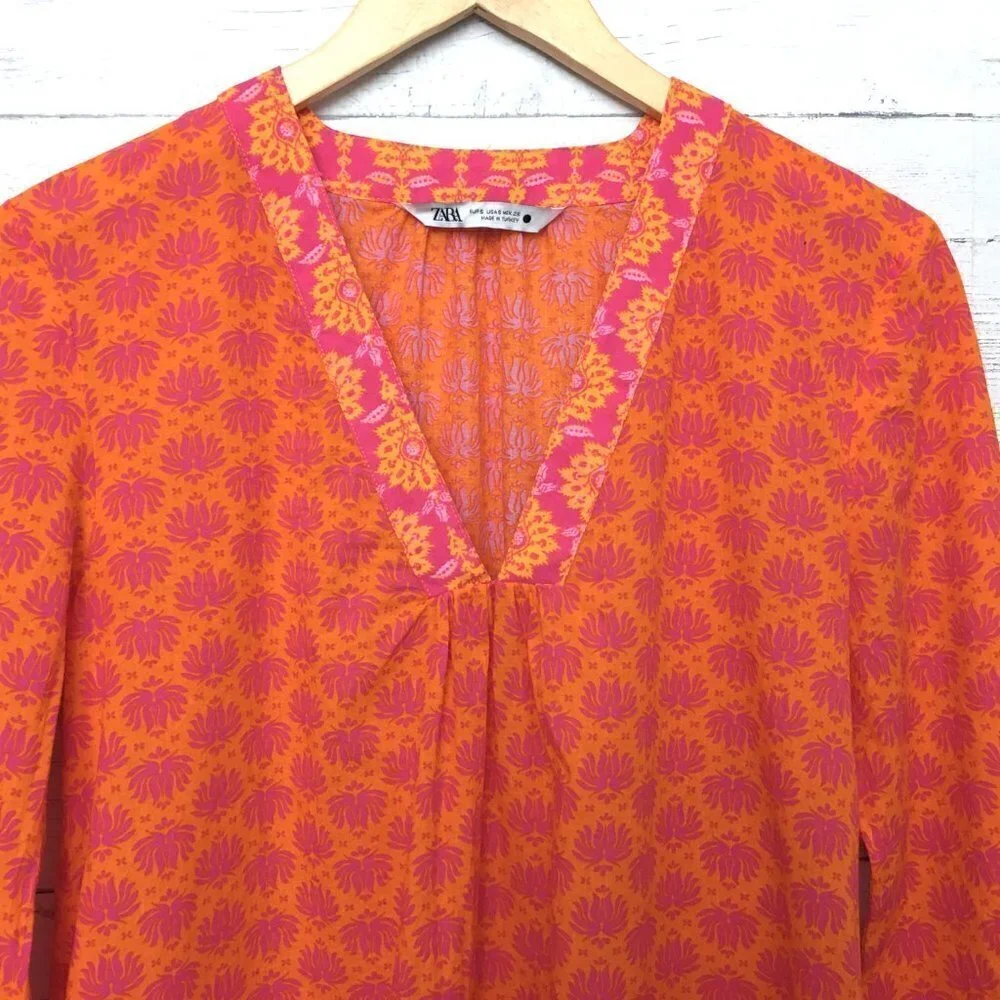 Zara Women's Pink and Orange Print Dress Long Sleeves V-Neck Lightweight size S